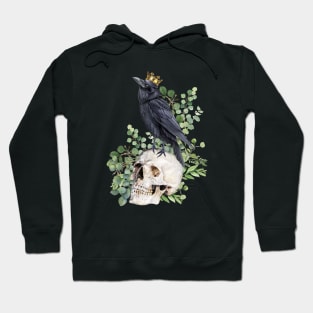 Black raven with skull and crow, skeleton eucaliptus leaves Hoodie